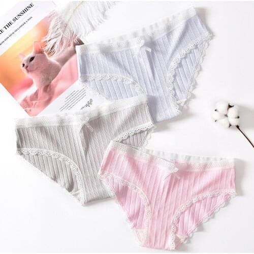 Womens Cotton Underwear Sexy Lace Panties Fashion Bow Comfort Briefs Mid Waist Seamless Thread Underpants Female Lingerie