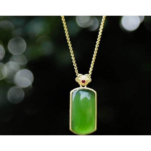 SNew silver inlaid natural Hetian Chalcedony pendant necklace square temperament high sense niche design womens brand jewelry