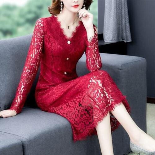 2020 Fall Spring Casual Womens V Neck Ful Sleeve Red Black Lace Long Dress , Autumn Female Woman Slim 3xl Elegant Dresses