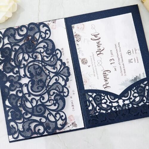 100 pieces/lot) Laser Cut Navy Pocket Wedding Invitation With Reply Card Customized Marriage Birthday Invitation Cards IC136