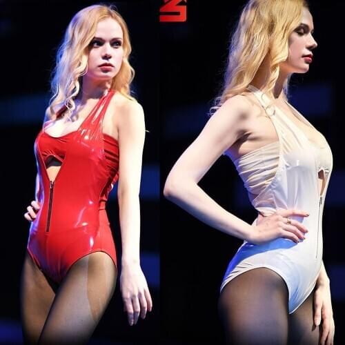 2pcs/set Plus Size Halter Deep V-neck Backless Sexy Swimwear Wetlook PVC Latex Catsuit Shiny Bodysuit Babydoll Sukumizu Teddies