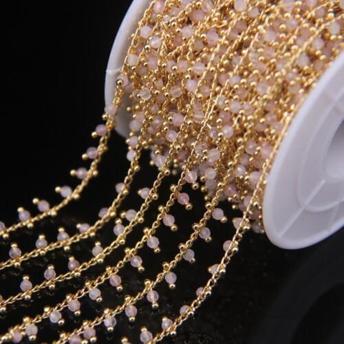 5Meter Rose Quartzs 2mm Faceted Round Beads Rosary Chain,Gold Color Brass Wire Wrapped Chain Bracelet Necklace Sweater Chains