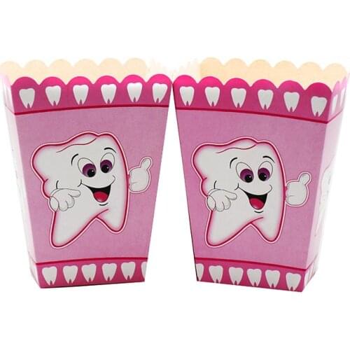 6pcs Pink Teeth Popcorn Boxes Girls Birthday Party Decorations Baby Shower First Teeth Popcorn Case
