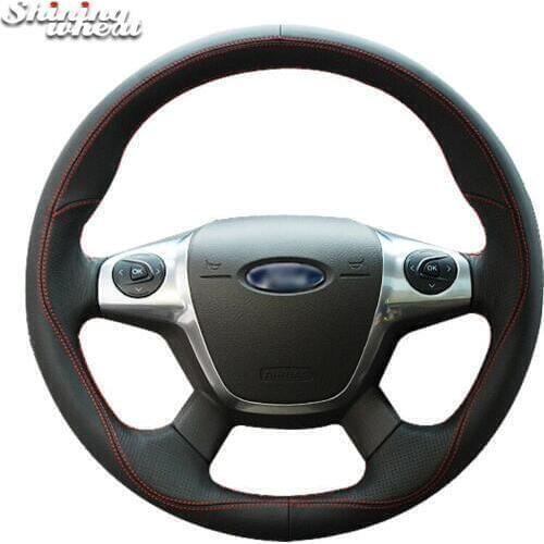 BANNIS Black Leather Red Thread Car Steering Wheel Cover for Ford Focus 3 2012-2014 C-MAX 2011-2014 KUGA Escape 2013-2016
