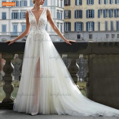 Bohemian V Neck Wedding Dresses 2021 Sexy Backless Vestido De Noiva Slim fit Tulle Beach Bridal Gowns Custom Made Hochzeitskleid