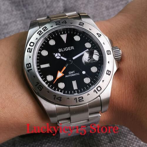 BLIGER Stainless Steel 43mm Mechanical Men Watch GMT Sapphire Crystal Mental Back Screw Back
