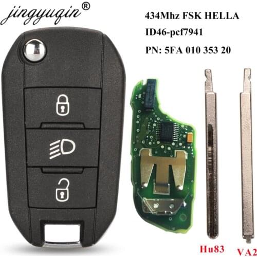 Jingyuqin 434Mhz ID46-7941 OEM Remote Flip key for Peugeot 208 308 508 2008 2012+ Hella Folding 3 Light Button Car Key Control