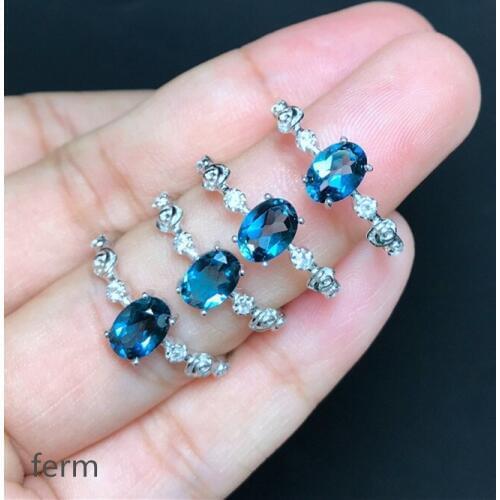 KJJEAXCMY boutique jewelry 925 Silver-inlaid 1-Carat London Blue Simple Natural Topaz Simple New Overlapping Mouth Female Ring