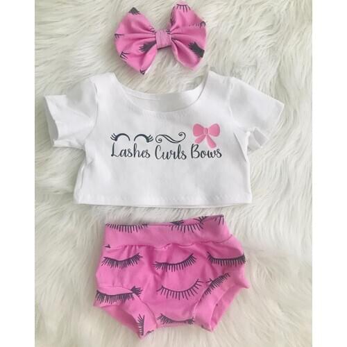 3pcs Baby Summer Clothing Newborn Baby Girls Clothes Sets White Short Sleeve Print T Shirts Tops+Pink Shorts Headband for 0-24M