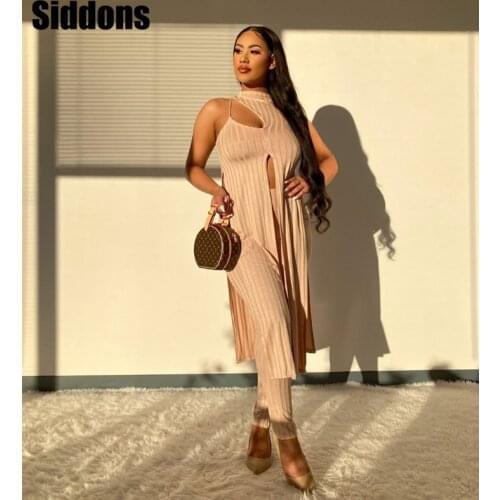 Hollow Out Sexy Two Piece Set Women Summer Streetwear Fashion Skinny Sexy Sleeveless Long Tops Pants Sets