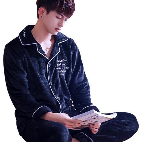 H5881 Flannel Nightwear Male Black Thick Coral Fleece Winter Sleepwear Korean Loose Large Size Home Wear Casual Men Nightgown