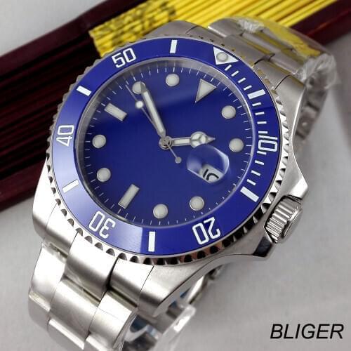 43mm Bliger Blue Sterile Dial ceramic bezel Luminous Marks Luxury Brand Sapphire Glass Date Automatic Movement mens Watch