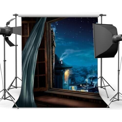 New York City Night View Backdrop Vintage Window Curtain Backdrops Blue Sky Twinkle Starry Romantic Photography Background