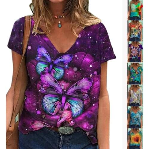 Summer Design Fashion Print T-Shirt Loose V-Neck Short Sleeve Top Casual Pullover Tees Bottoming Shirt Temperament Womens Wear