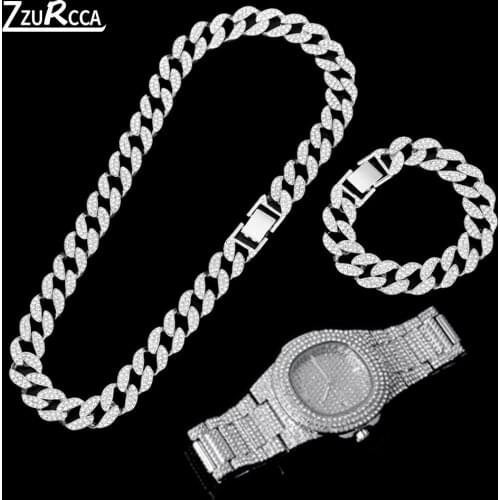 Iced Out Necklace +Watch+Bracelet Set Curb Cuban Rhinestone Cz Bracelet Watch Necklace Sets for Women conjuntos de joyas