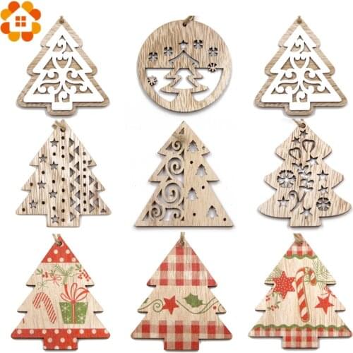 3PCS Multi Styles Hollow Trees Christmas Tree Wooden Pendant Ornaments Printed Tree Wood Craft DIY Hanging Ornaments Kids Gifts