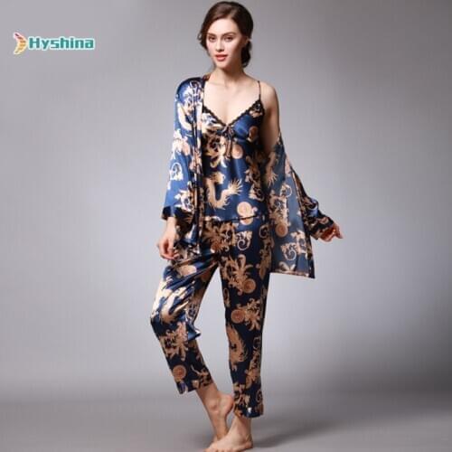 Silk Pajamas Womens Spring and Summer Dragon Robe Printed Silk Household Clothes Three Piece Set