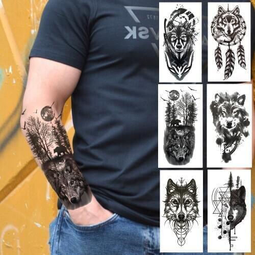 Spray Wolf Fake Temporary Tattoo For Men Women Realistic Dreamcatcher Tattoos Geometric Forest Arm Legs Waterproof Tatoos Sheets