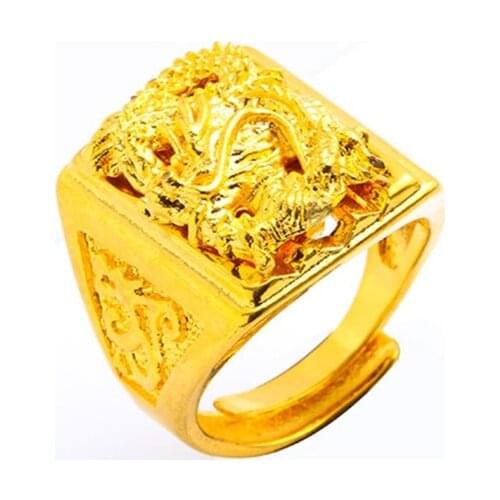FYJS Unique Light Yellow Gold Color Chinese Dragon Square Resizable Finger Ring Classic Style Jewelry