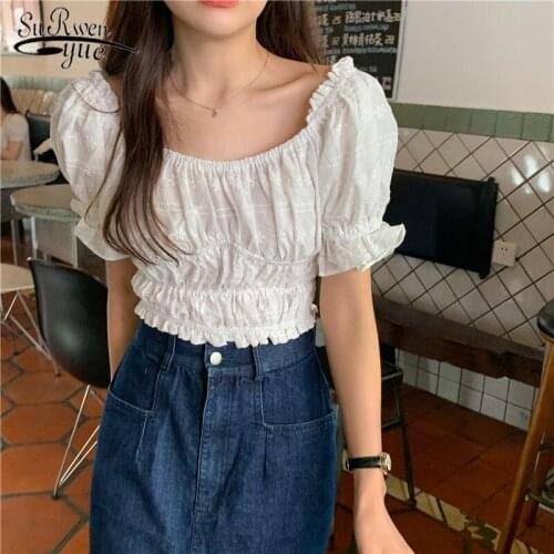 Korean Short Sleeve O-neck Sweet Lovely Blouse Chiffon Solid Puff Sleeve Ladies Shirt Top Lace cardigan Women blusas mujer 14762