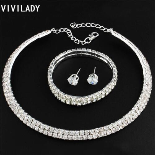 VIVILADY Fashion Austrian Crystal Chokers Necklaces Jewelry Sets Women OL Silver Color Layers Collares Bijoux Wedding Gifts