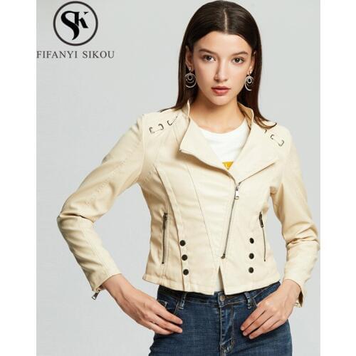 2019 Spring Autumn Women Fashion Soft Faux Leather Jacket Lady Long sleeve Motorcyle Jackets Pocket Zippers Short Biker coat