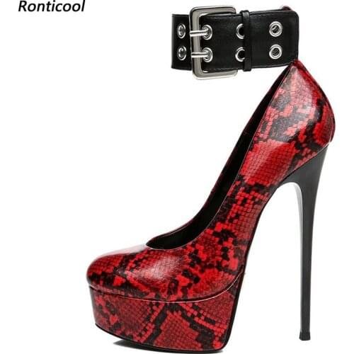 Ronticool Handmade Women Platform Pumps Buckle Snake Pattern Stiletto Heels Round Toe Pretty Red Party Shoes US Plus Size 5-20