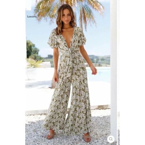 Sexy Deep V-neck Women Floral Print Romper Summer Ruffled Elegant High Waist Playsuits Casual Beach Overall Holiday