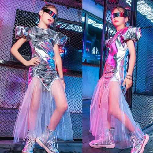 Future Technology Sense Girls Catwalk Show Stage Costume Suit Silver Laser Sequins Dress Jazz Dance Performance Wear YS2096