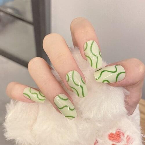 24pcs/box press on nails coffin Green Lines Fake Nail Patch Glue Type Long Paragraph Fashion Manicure Save Time False Nail Patch