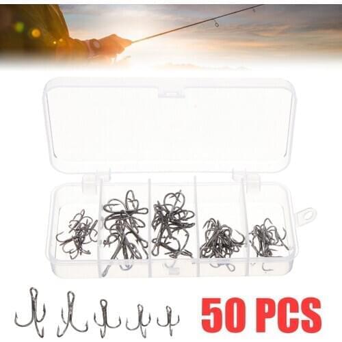50PCS Black Sharpened Fishing Treble Hooks Bent Fishhook Carbon Steel Fish Fishing Tackle Tools Accessories #2/4/6/8/10