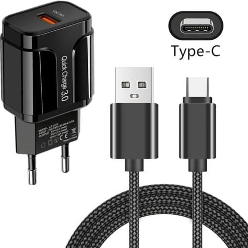 QC3.0 Fast Charger Wall Plug Adapter For Samsung Galaxy A22 A12 M31s Realme 6 7 8 Redmi Note 10 Pro USB Charge Cord Type C Cable