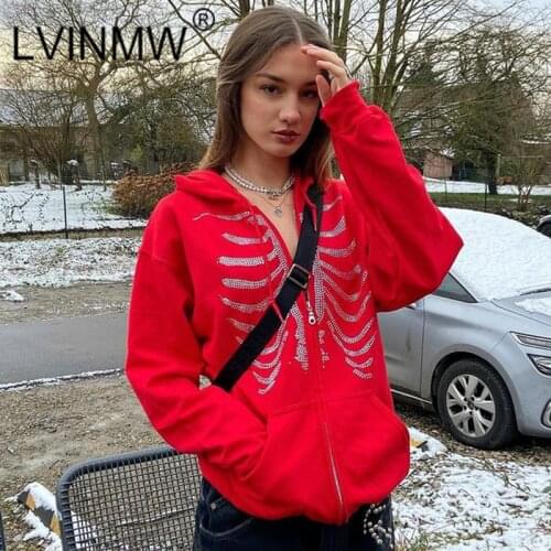 LVINMW Cardigans Hooded Zipper Fly Loose Goth Hoodies Bone Diamonds Casual Gothic Fashion Tops Long Sleeve Hip Hop Streetwear