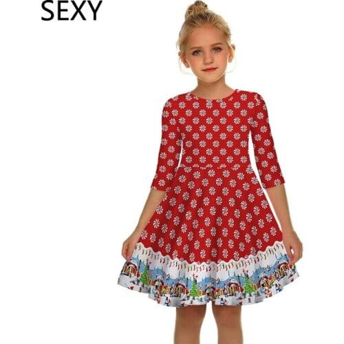 Hot Fashion Girls Christmas Tree Dresses Santa Cartoon Dress For Girl Winter New Year Party Gown Costume Top Selling