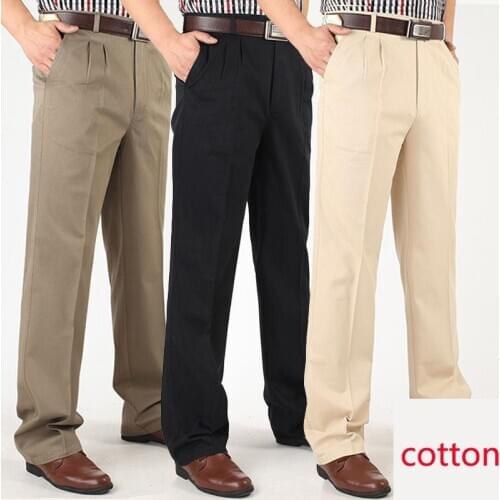 2019 Men Casual Trousers High Waist Loose Pure Cotton Double Pleat Wrinkle resistant Ironing Large Full Length plus Size 30-46