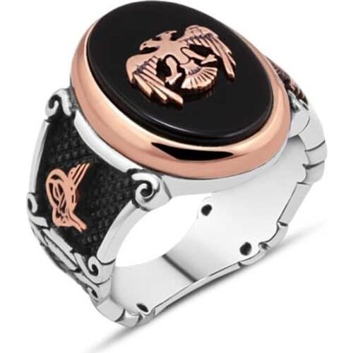 Flat Onix Stone Above the Seljuk Eagle Silver Men 'S Ring