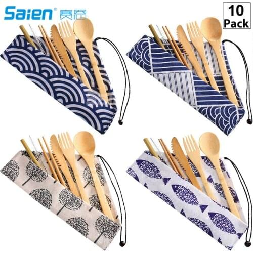 10 Set Bamboo Cutlery Set, Reusable Bamboo Utensil Include Knife, Fork, Spoon, Chopsticks, Reusable Straw for Travel Picnic