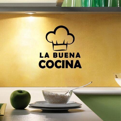 Spanish Language "La Buena Cocina "Wall Decals Cute Cooking Hat Vinyl Wall Sticker For Spain Home Kitchen Decoration