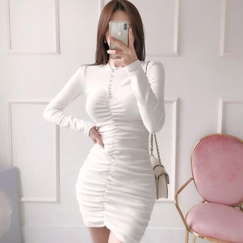 New arrival fashion spring mini dress women OL temperament casual white fresh simple o-neck pleated slim stretch pencil dress