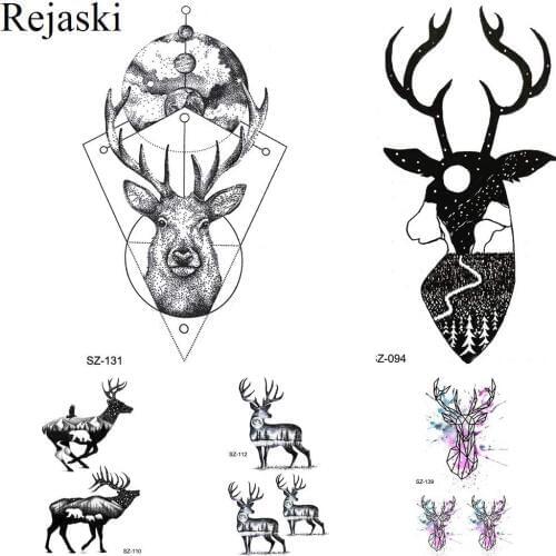 Rejaski Black Moon Planet Deer Elk Women Tattoo Stickers Men Body Art Drawing Temporary Tattoo Geometric Fake Tatoo Makeup Tips