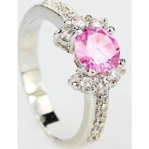 Romantic Lovely pink Natural Birthstone in Bridal Princess Promise Wedding Engagement silver color Ring For Women Girls Jewelry