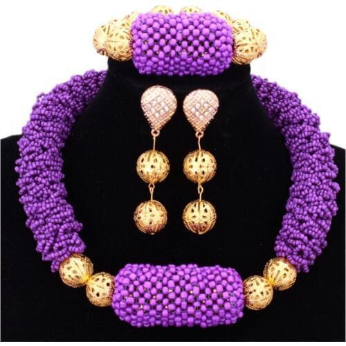 Luxury Plated Gold African Beads Dubai Purple Jewelry Sets Indian Choker Nigerian Wedding Necklace Bracelet Earrings 2017 Newest