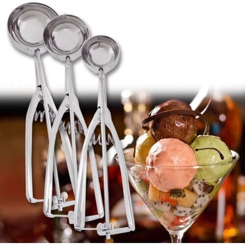 Silver Stainless Steel Ice Cream Scoop Mash Potato Spoon Spring Handle Food Baller Fast Kitchen Tool