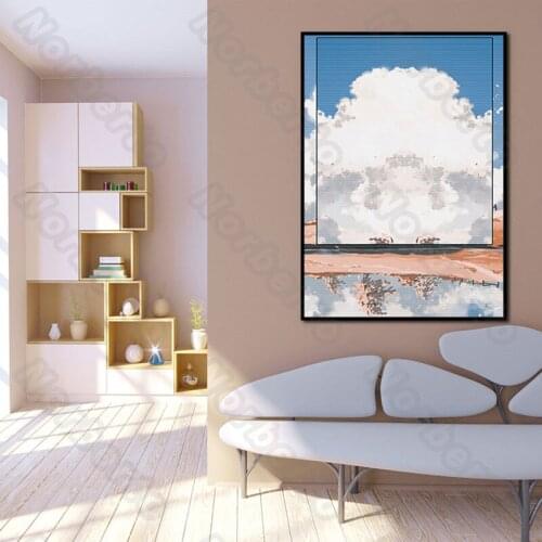 Modern Abstract Pictures Canvas Painting Wall Poster Watercolor Painting with Blue Sky Cloud Pink Land for Home Room Wall Decora