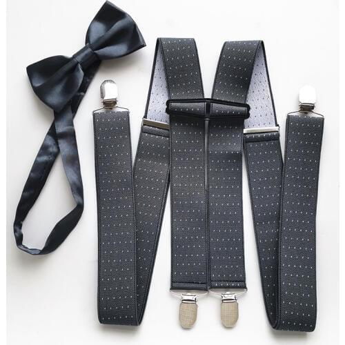 Dark gray with Dot Men Suspender Butterfly Bow tie Sets Safe connect clips suspenders bow tie set Adult Women Match Shirt LB066