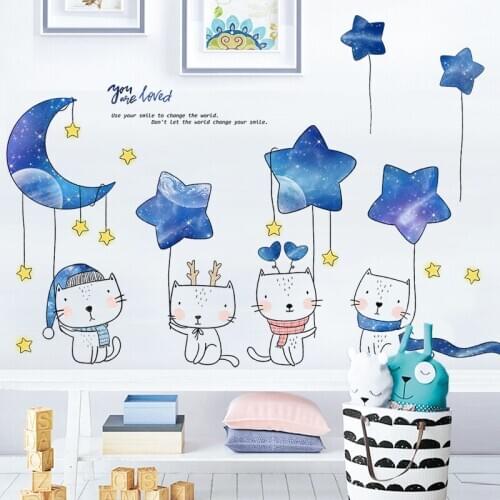 Cartoon Animals Cute Wall Stickers Kawaii Cats Home Decor Moon Stars Nursery Kids Room Bedroom Decoration PVC Vinyl Decals
