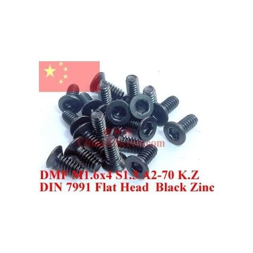 Stainless steel screws M1.6X4 DIN 7991 Flat head Hex 1.3 driver Black Zinc A2-70 100 pcs