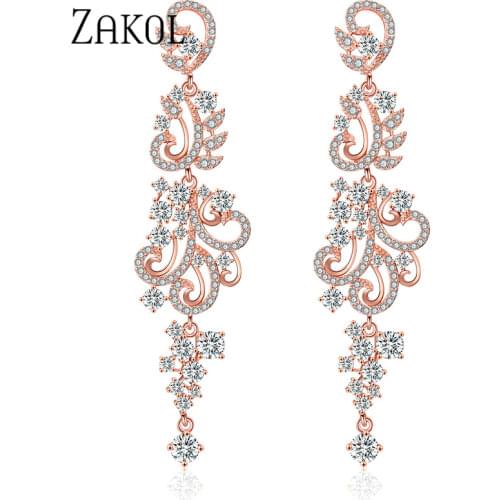 ZAKOL Fashion Bridal CZ Zirconia Crystal Leaf Shape Long Dangle Drop Earrings for Women Wedding Jewelry Party FSEP2253