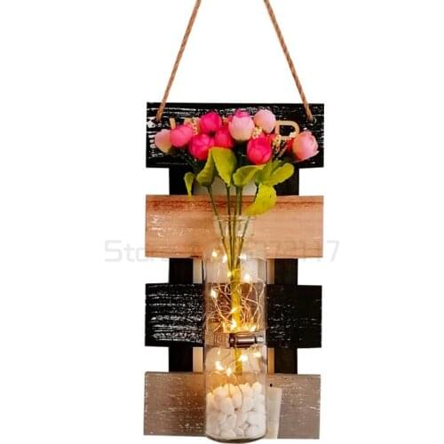 Green plants on the wall, hydroponic vases on the wall, flowers on the wall, wooden courtyard wall decoration Pendant