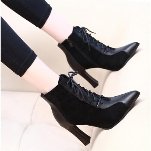 New Punk Women Ankle Boots Lace Up Pointed Toe high heel Black Chelsea Boots Pumps 9CM shoes for women